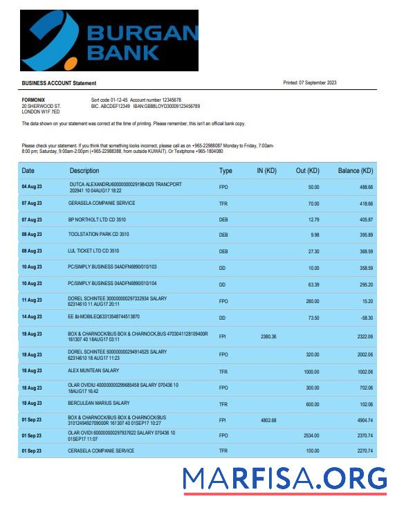 Printable Burgan Bank enterprise account statement Word and PDF template